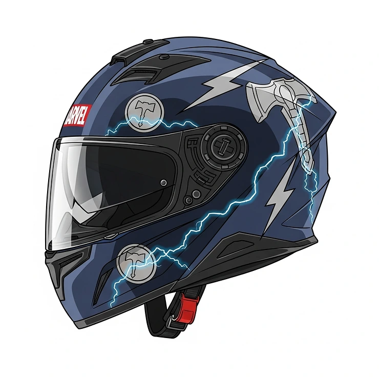 An illustration showcasing a Thor-inspired motorcycle helmet, complete with subtle hammer motifs and lightning bolt details, offering a unique Marvel riding experience.