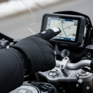 A user wearing winter motorcycle gloves with a conductive fingertip, demonstrating seamless touchscreen compatibility with a GPS device.