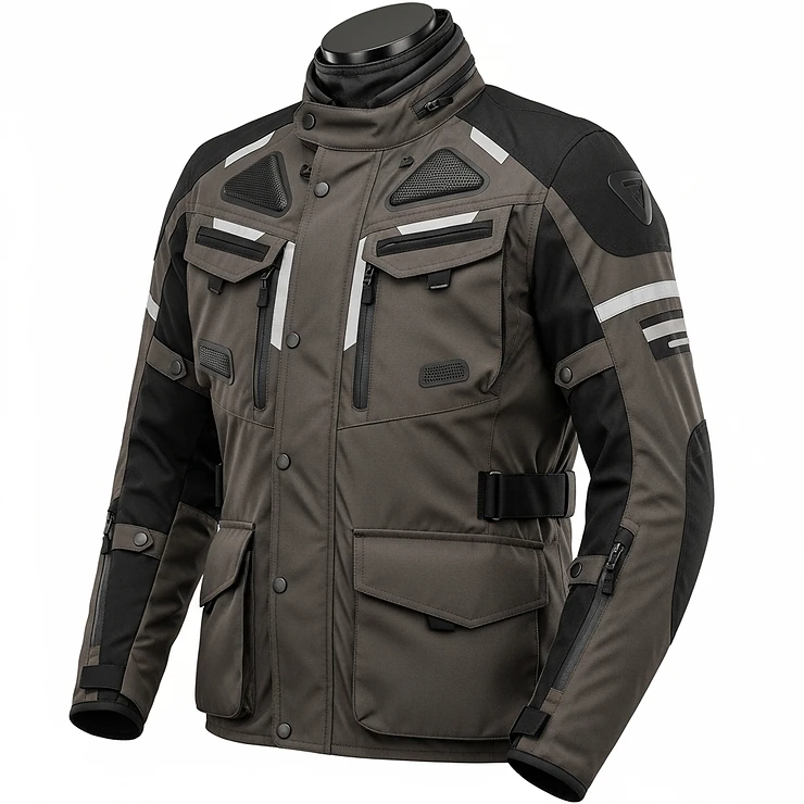 A multi-season touring motorcycle jacket with multiple pockets, waterproof layers, and reflective details.