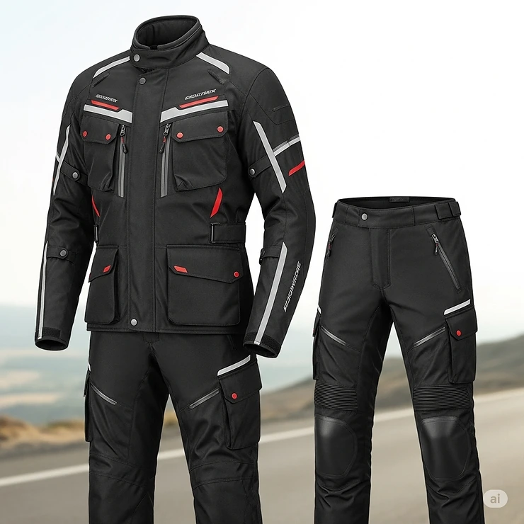 A touring-style two-piece motorcycle suit with multiple pockets and reflective piping for enhanced visibility.
