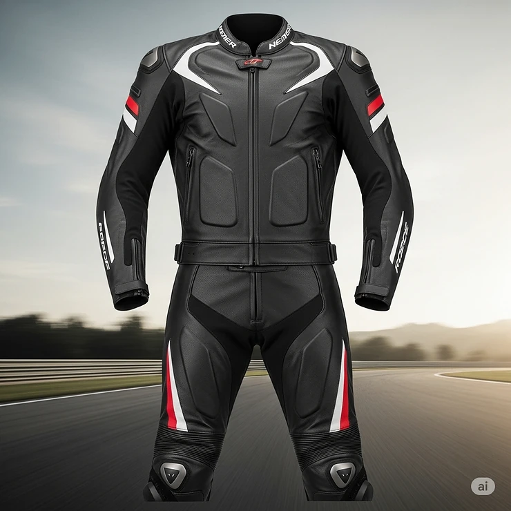 A two-piece full motorcycle suit, showing the jacket and pants zipped together for versatility and protection.