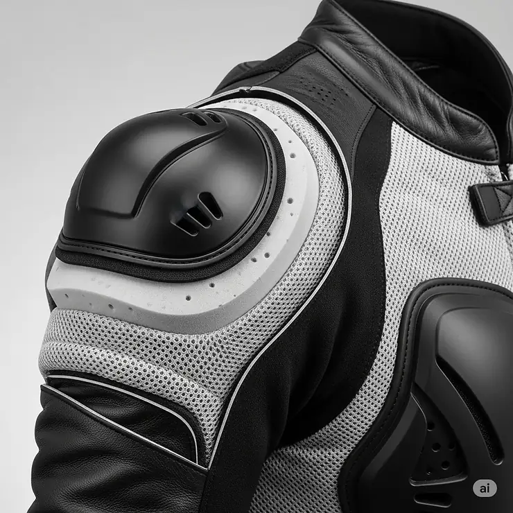 A cutaway view of the shoulder armor in a two-piece motorcycle suit, demonstrating the impact protection.
