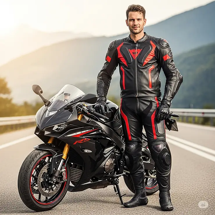 A rider wearing a black and red two-piece motorcycle suit, posing with a sport bike. The suit features armored protection on the shoulders, elbows, and knees.