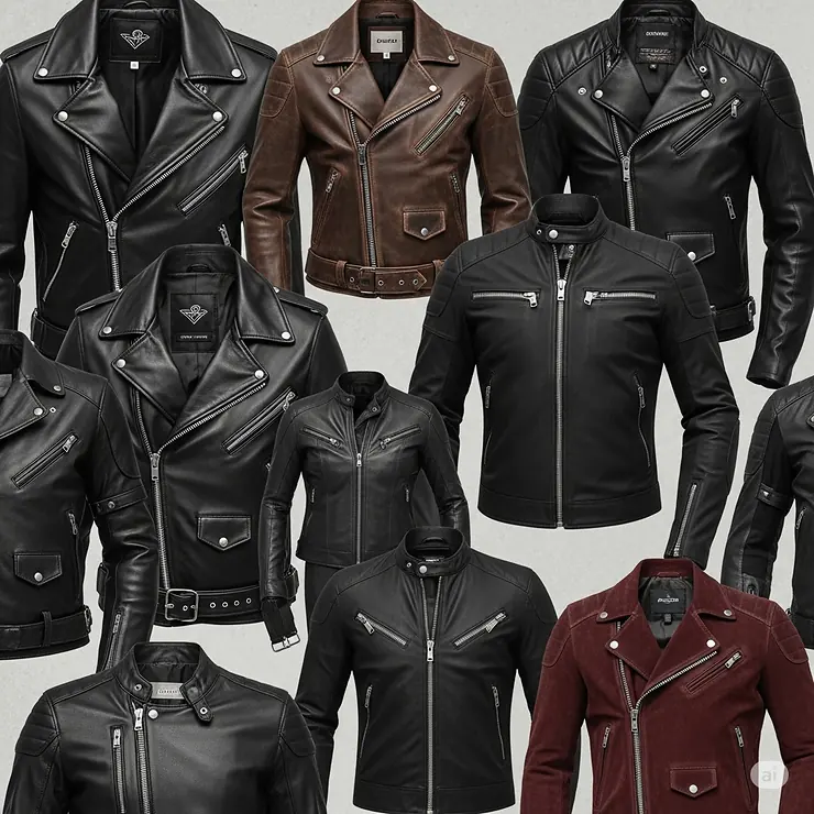 A collage of different types of biker jackets, including the classic leather motorcycle jacket, the cafe racer, and the double rider, showcasing various styles and designs.