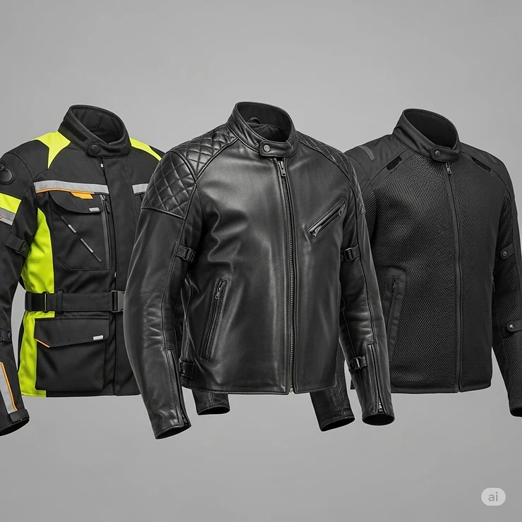 A visual comparison of three types of street legal motorcycle jackets: a touring jacket, a classic leather jacket, and a mesh jacket.