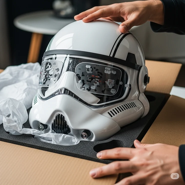 Hands unboxing a brand new stormtrooper motorcycle helmet, revealing its pristine condition and protective packaging.