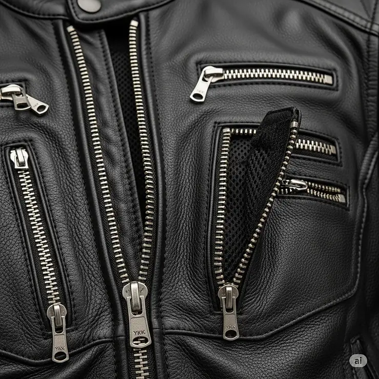 A detailed shot of the high-quality YKK zippers and zippered ventilation vents on a motorcycle armoured leather jacket, designed for airflow.