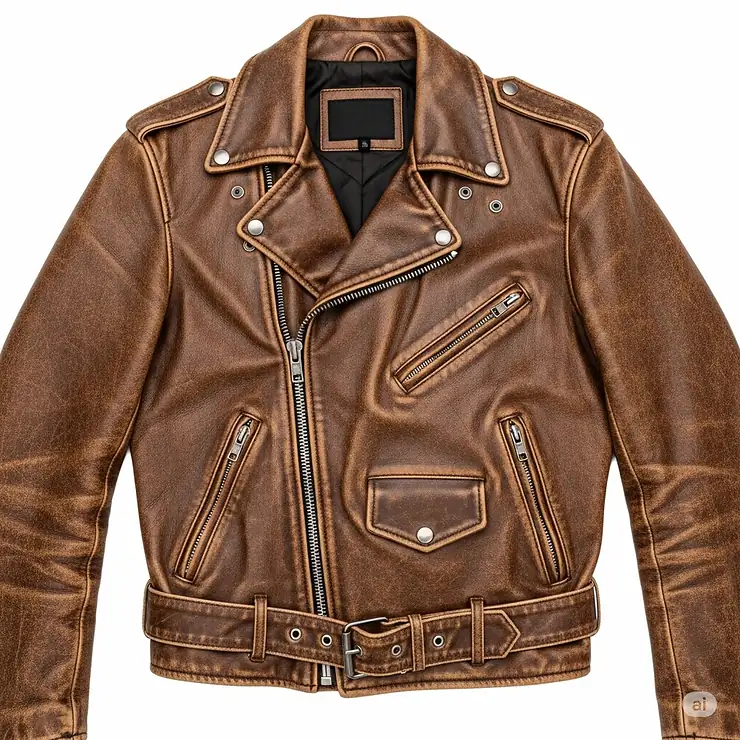 An aged, vintage brown leather biker jacket with a classic lapel and belt, exuding a retro vibe.