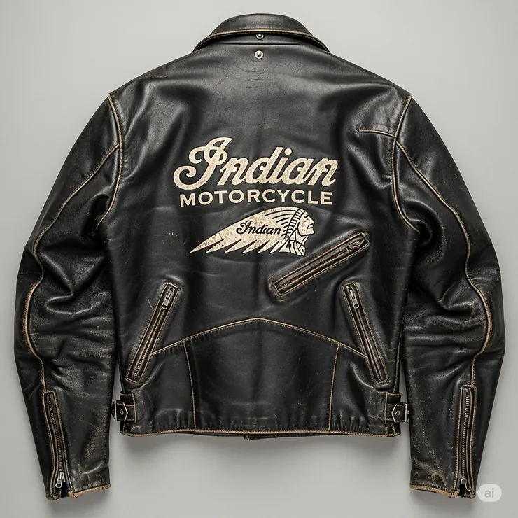 A classic vintage Indian Motorcycle black leather jacket, showcasing its authentic wear and iconic logo on the back.