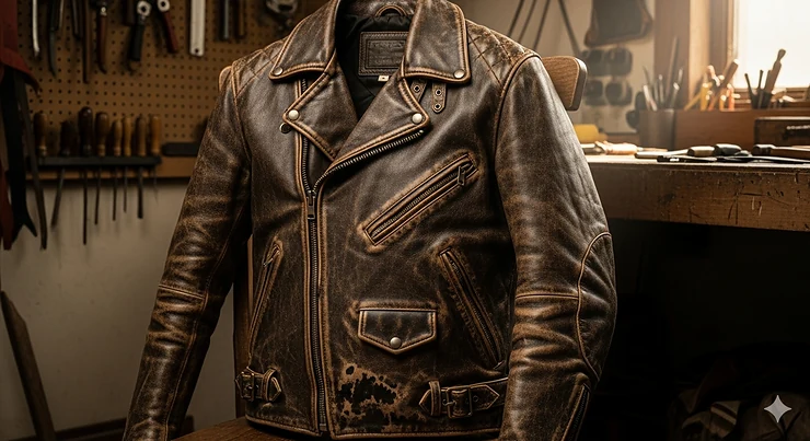 A weathered and distressed vintage men's moto leather jacket, showing off its rugged, timeless appeal.