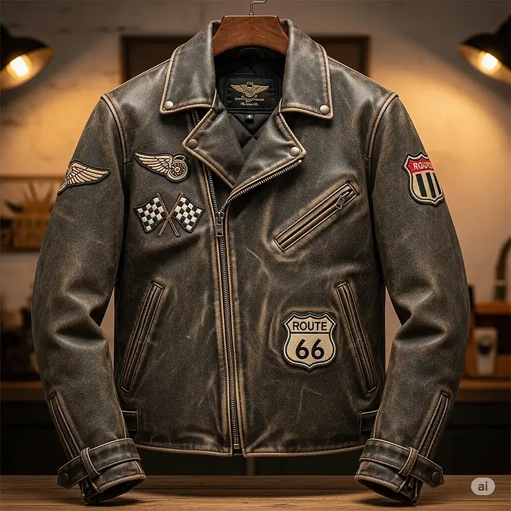 A retro-style vintage motorcycle jacket with classic patches and a worn-in, timeless look.