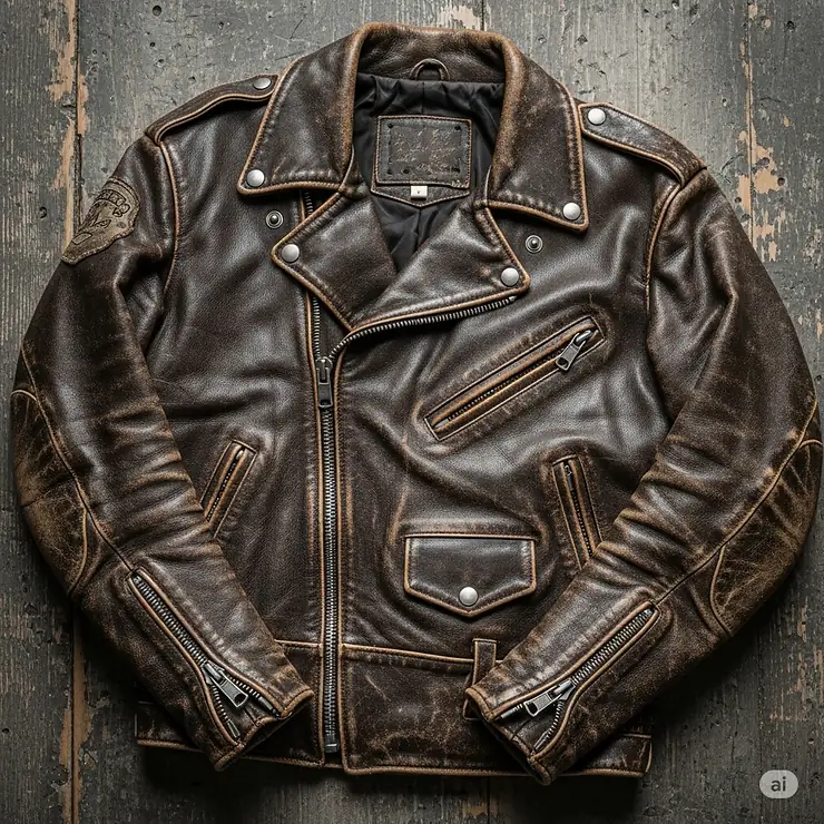 A vintage leather motorcycle jacket with signs of wear and tear, showcasing the timeless appeal and durability of this classic type of biker jacket.