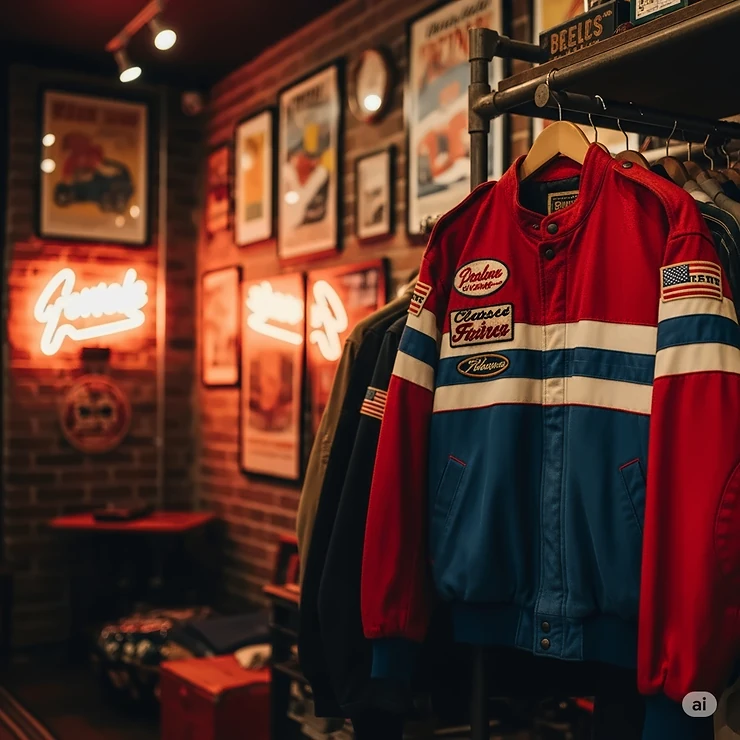 A photograph of a vintage racing jacket hanging on a rack in a retro-themed boutique, suggesting the timeless appeal and collector's value of these jackets.