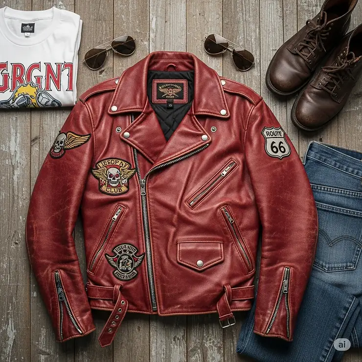A flat lay of a classic vintage red motorcycle jacket, featuring patches and distressed details.