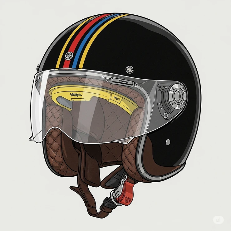 Illustration of a classic, retro-style motorcycle helmet with modern safety features, appealing to riders who want a badass vintage aesthetic.