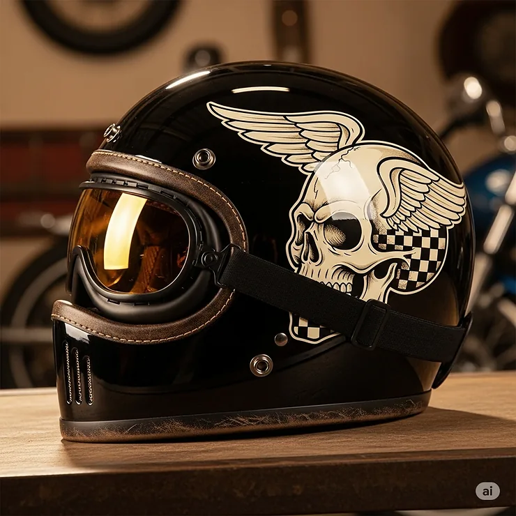 A vintage-style motorcycle helmet with a retro skull design, appealing to classic bike enthusiasts. helmet motorcycle skull​