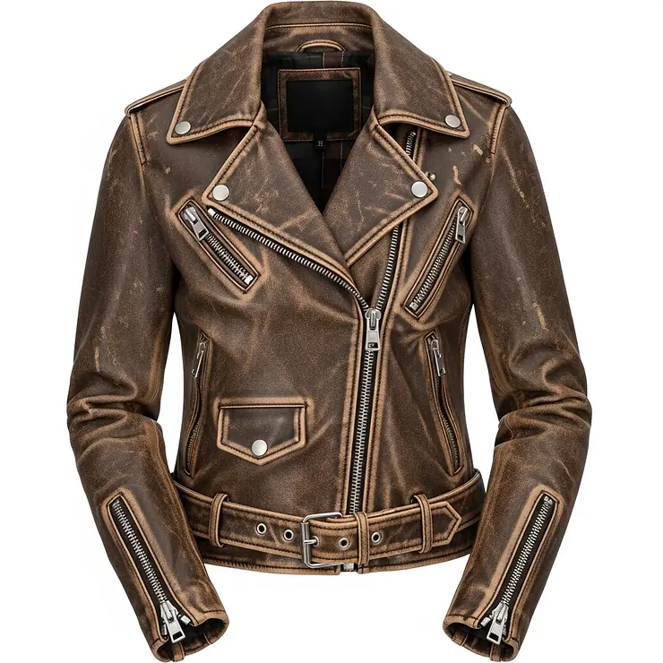 A distressed, vintage-style women's leather motorcycle jacket with a worn-in look.