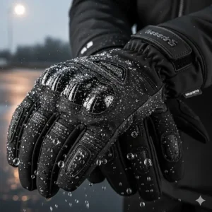 An image of a pair of winter motorcycle gloves repelling water beads, highlighting the effective waterproof membrane that keeps hands dry in wet conditions.
