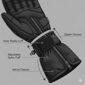 A graphic representation of an adjustable cuff and dual-closure system on a pair of winter motorcycle gloves, helping to seal out cold air and snow.