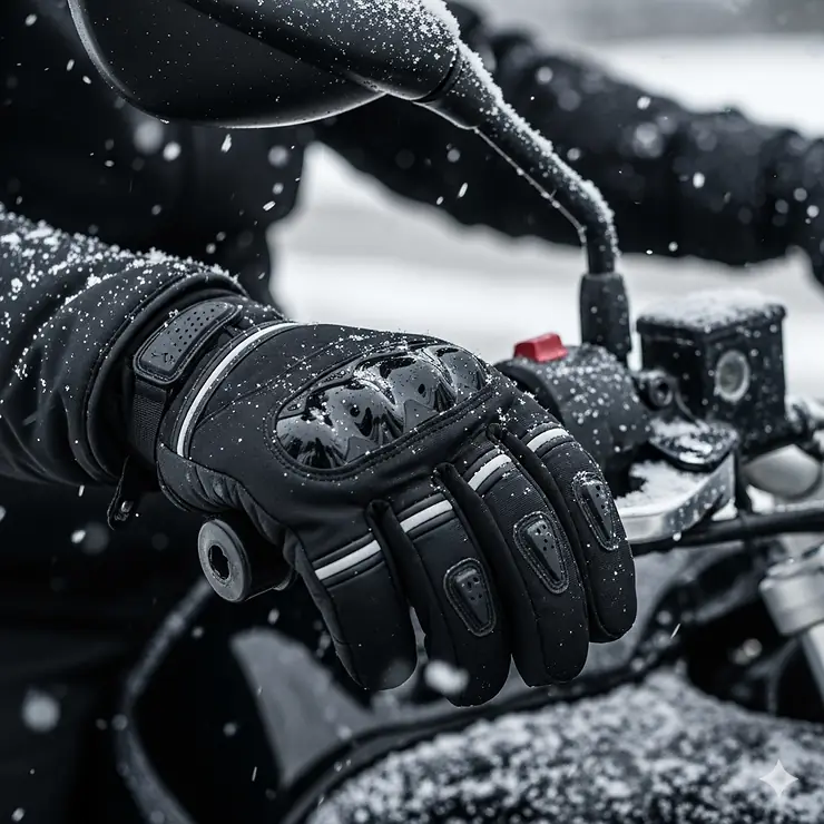 A close-up shot of a rider's hands, comfortably fitted with heavy-duty winter motorcycle gloves, gripping the handlebars on a cold, snowy day. The gloves feature a waterproof membrane and thermal lining.