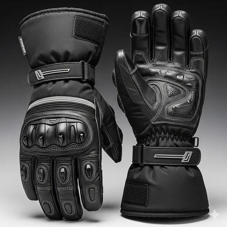 A detailed shot of thick, insulated winter motorcycle gloves designed for cold weather riding.