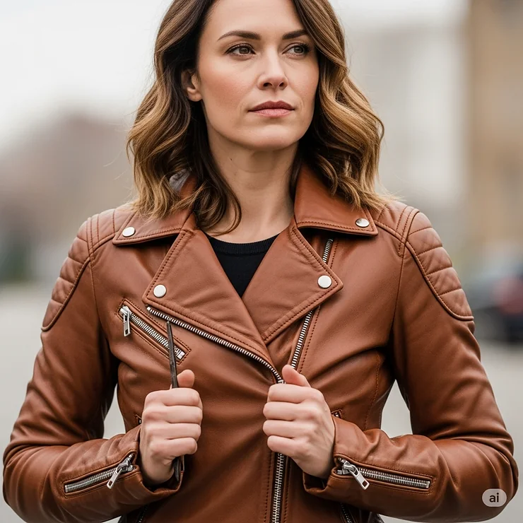 A woman confidently posing in a tailored brown leather motorcycle jacket, suitable for a feminine fit.
