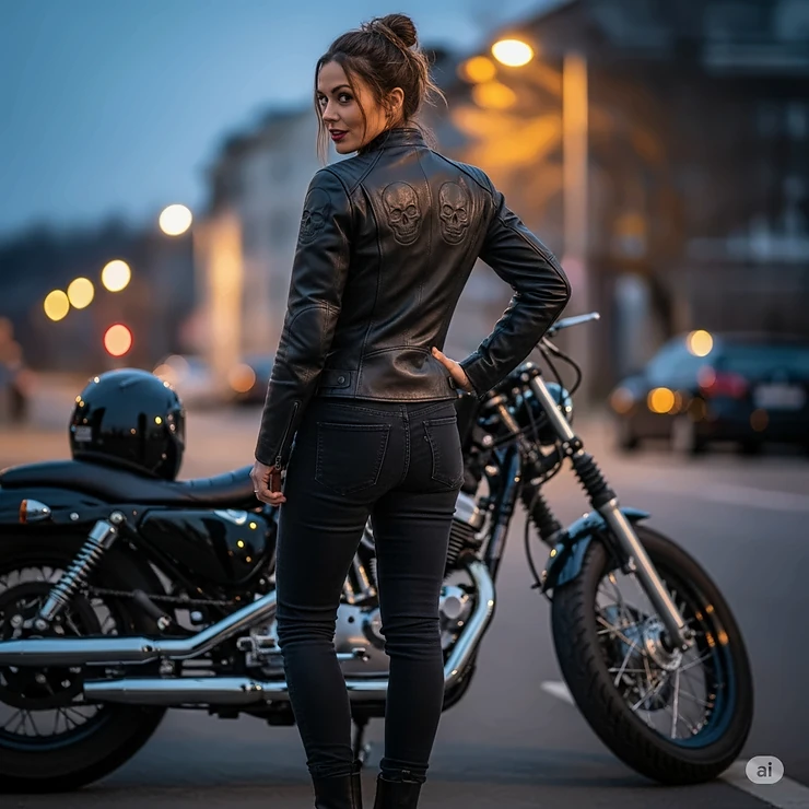 A confident woman wearing a sleek, tailored skull leather motorcycle jacket, showcasing its versatility.
