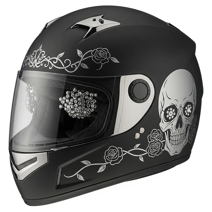 A stylish women's motorcycle helmet featuring a feminine skull design with subtle artistic flair.