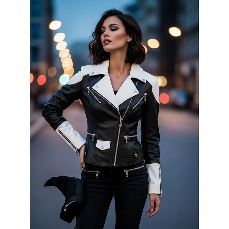 A women's-style black and white motorcycle jacket, offering a chic and edgy look.
