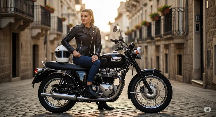 A stylish woman sitting on a vintage motorcycle, wearing a black leather motorcycle jacket. womens leather motorcycle jacket