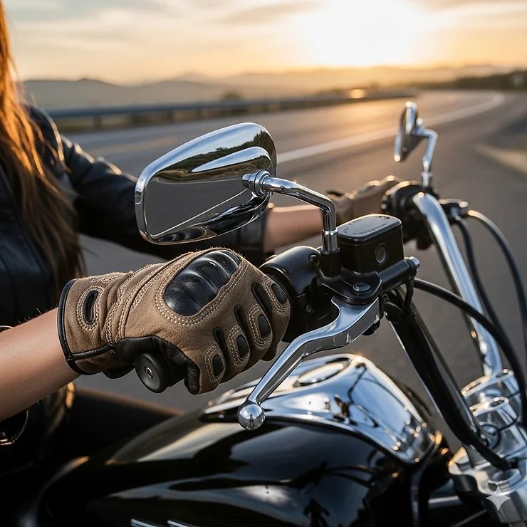 A close-up shot of a woman's hands wearing brown leather motorcycle gloves, gripping the handlebars of a cruiser motorcycle. The gloves have reinforced knuckles and stitched details. The background is a scenic highway at sunset. womens motorcycle gloves
