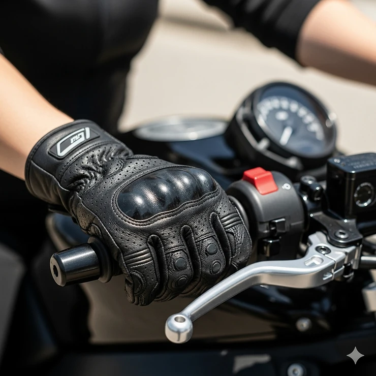 A woman's hands wearing perforated leather motorcycle gloves with excellent grip, holding the throttle and brake levers.