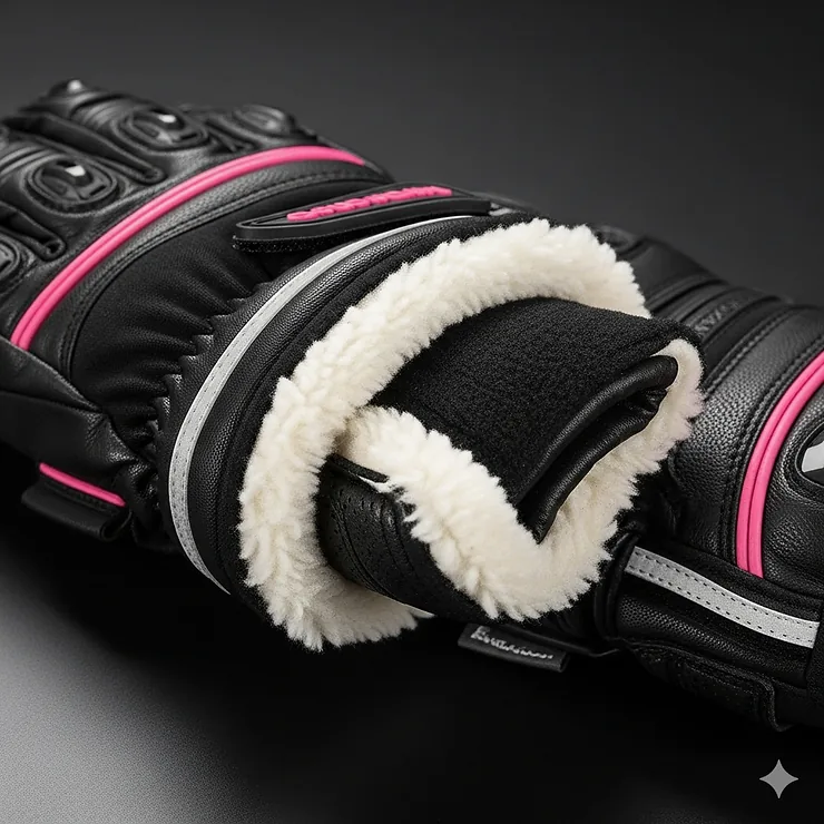 A pair of insulated winter motorcycle gloves for women, with a close-up on the fleece lining and thermal protection.