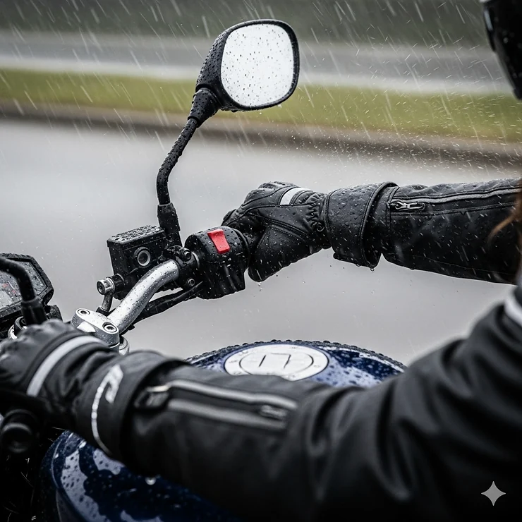 A rider wearing waterproof women's motorcycle gloves while riding in the rain, showing the gloves repelling water.