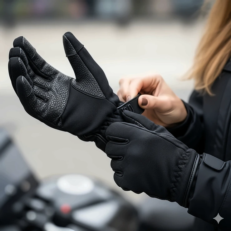 A shot of a woman putting on her black textile motorcycle gloves, showing the adjustable wrist strap. The gloves are snug and fit well.