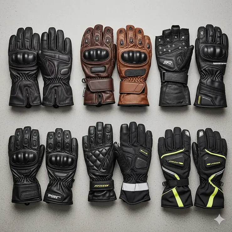 A flat lay of various styles of women's motorcycle gloves, including short cuff, gauntlet, fingerless, and all-weather options.