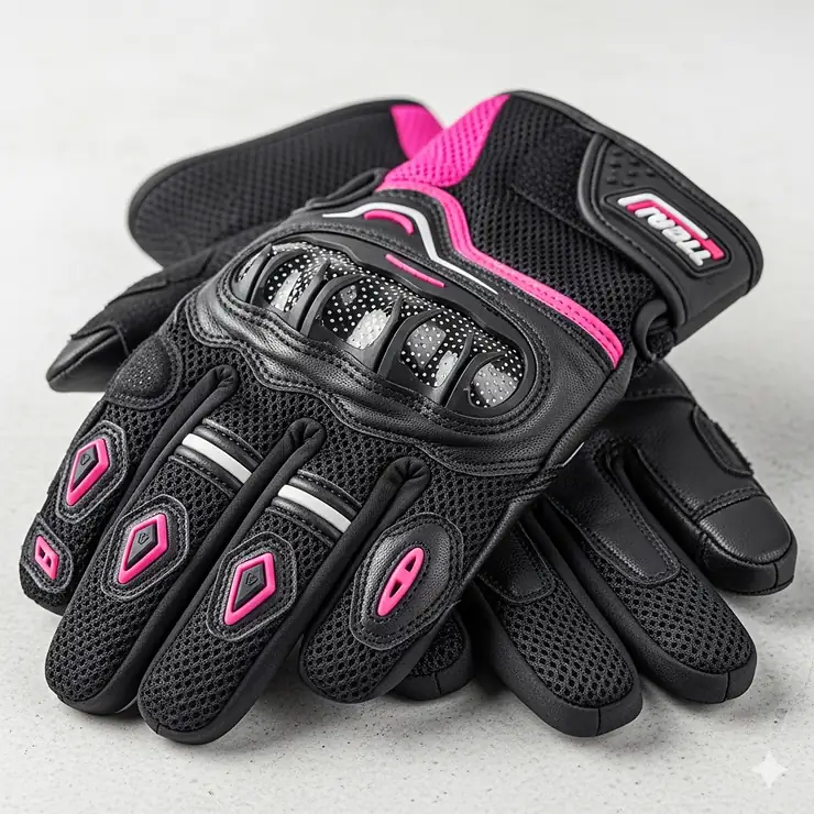 A pair of ventilated summer motorcycle gloves for women, with mesh panels and air vents clearly visible.