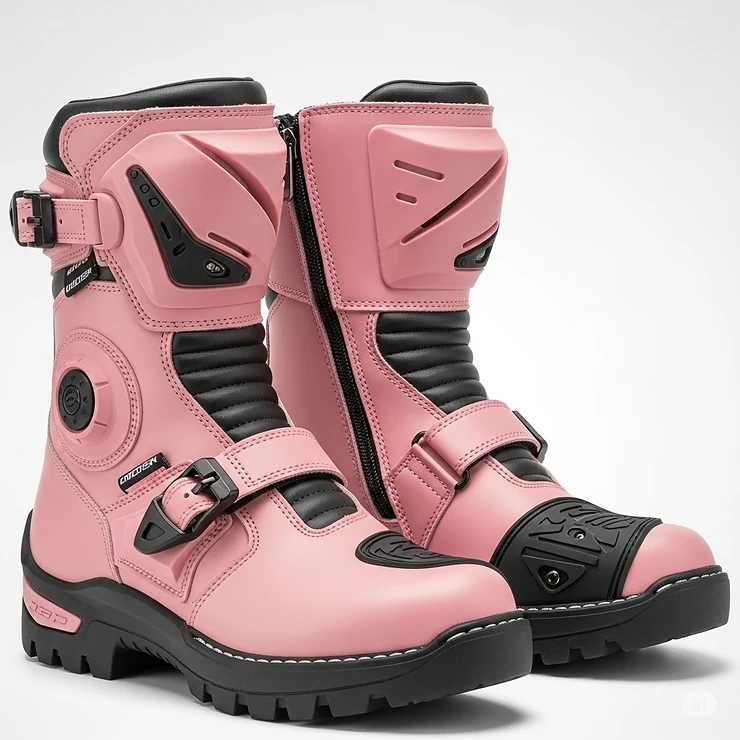 Detailed shot of women's pink motorcycle boots with ankle support and a non-slip sole, perfect for riding and walking.