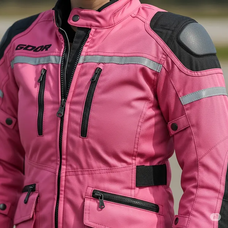 Close-up of a durable women's pink motorcycle jacket with armored padding and reflective strips for safety and visibility.