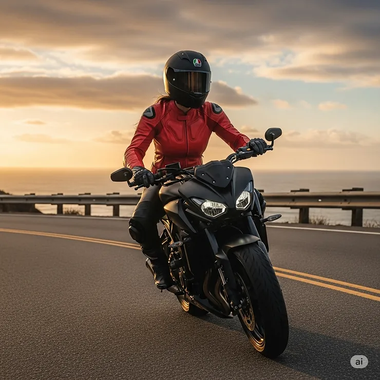 A woman riding a motorcycle, wearing a form-fitting women's red motorcycle jacket for safety and style.