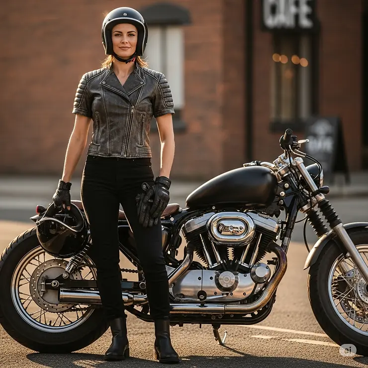 A stylish female rider posing with her bike, wearing a fitted women's short sleeve motorcycle jacket designed for both safety and aesthetics.