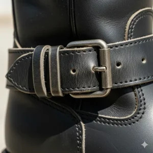 A detailed view of an adjustable buckle and strap on a wide calf motorcycle boot.