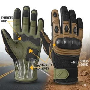 An illustration demonstrating the grip and flexibility features of adventure-style motorcycle gloves, suited for on- and off-road use.
