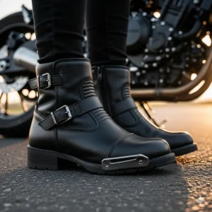 A low-angle shot of a pair of ankle-high women's motorcycle boots, emphasizing the compact design and ease of movement.