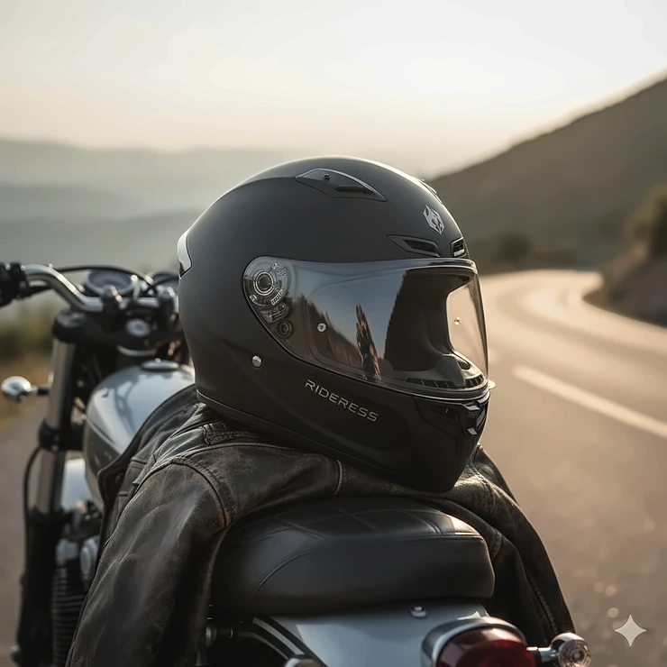 Ladies full face motorcycle helmet in matte black, showing the aerodynamic shell and clear visor. ladies full face motorcycle helmets