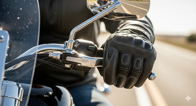 A close-up shot of a rider wearing a pair of high-quality black leather motorcycle gloves on a sunny day. best leather motorcycle gloves