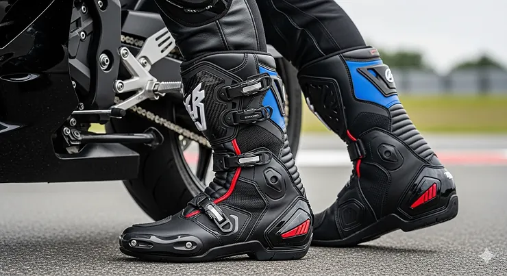A rider wearing the best motorcycle boots for road and track, showcasing protection and style.