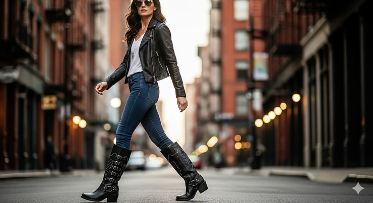 A stylish woman wearing the best women's biker boots with jeans, showcasing their quality and design. best biker boots women's