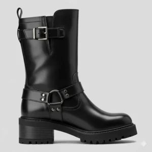 Side profile of the classic black biker boots women's style, highlighting the sole and silhouette.