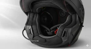 Inside view of the Bluetooth motorcycle helmet, showcasing the strategically placed speakers and noise-canceling microphone for clear audio.